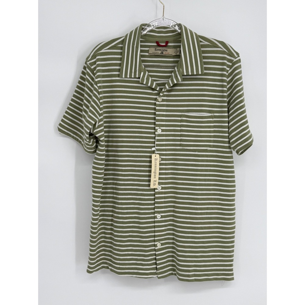 Kennington California Mens Sz L Olive Green White Striped Short Sleeve Shirt NEW